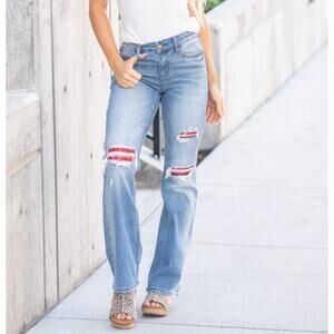 Judy Blue Plaid Patch Mid Rise Boot Cut Jeans Distressed Medium Wash Women 11/30